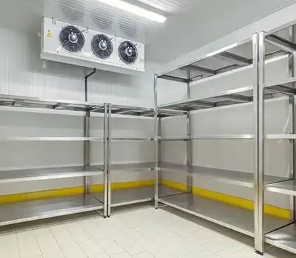 Modular cold room interior fitted with stainless steel shelving and evaporator units
