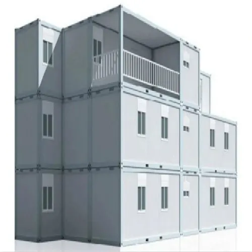 Rendering of a three-storey stacked steel modular building with a balcony